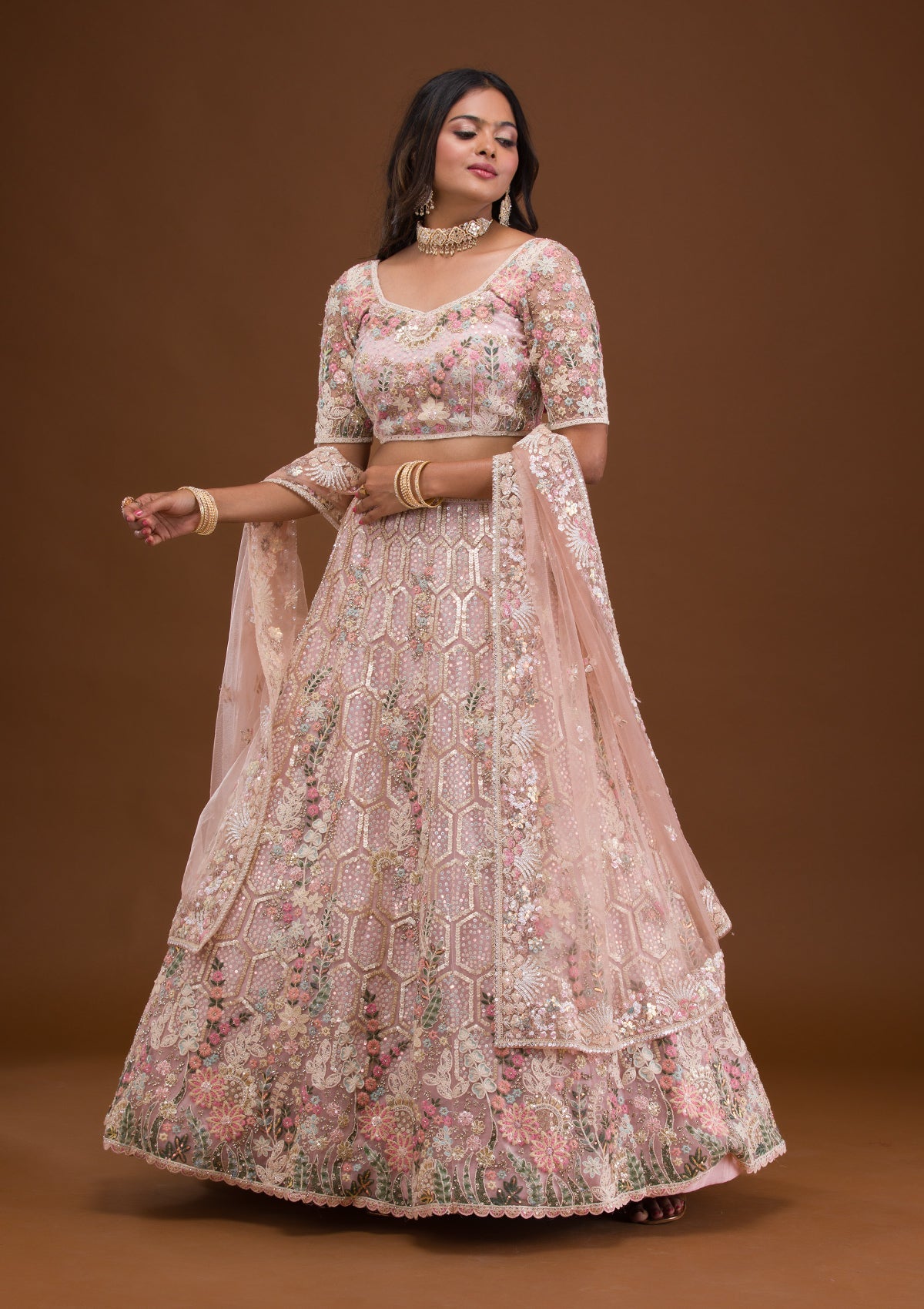 Mauve Threadwork Net Readymade Lehenga-Koskii