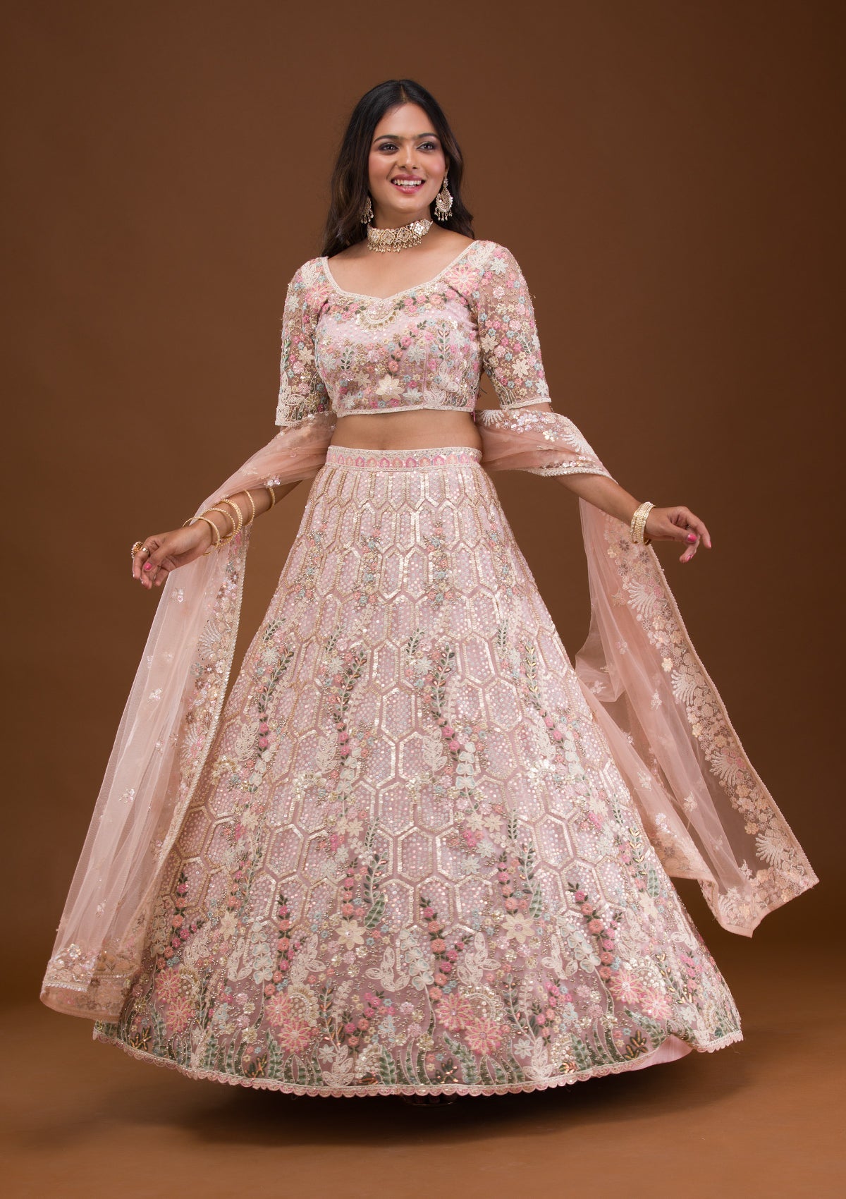 Mauve Threadwork Net Readymade Lehenga-Koskii