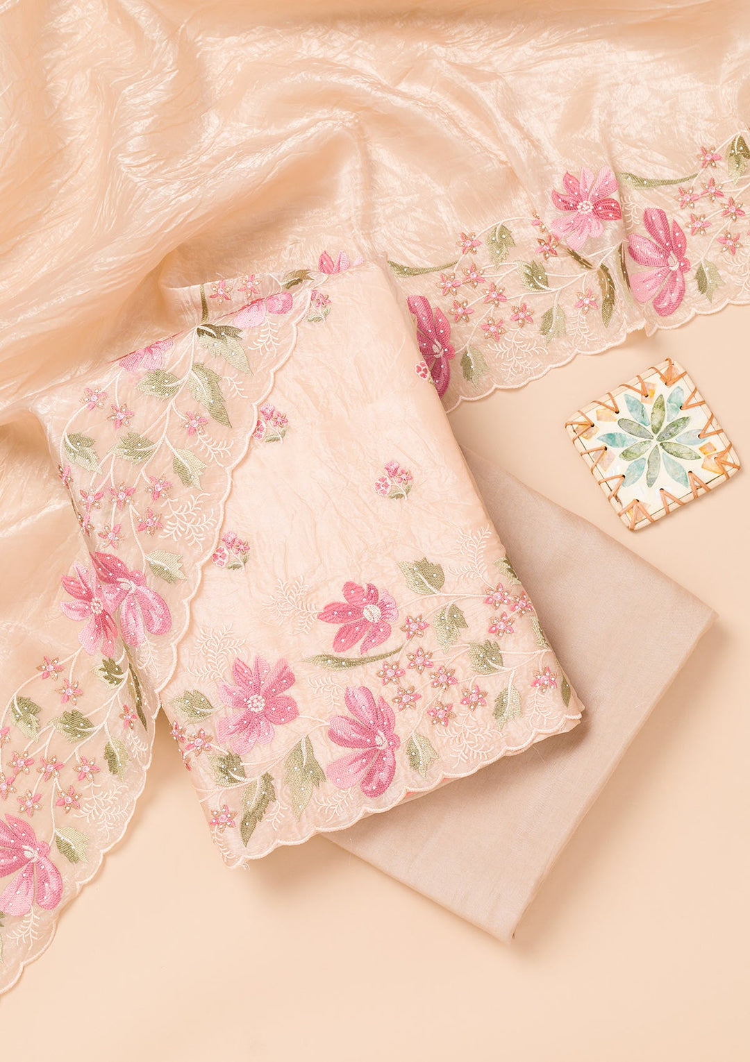 Beige Threadwork Organza Unstitched Salwar Suit-Koskii