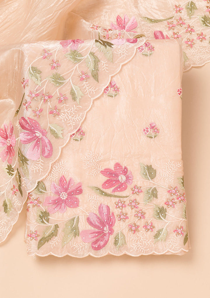 Beige Threadwork Organza Unstitched Salwar Suit-Koskii
