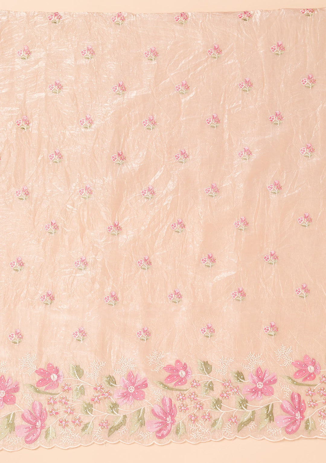 Beige Threadwork Organza Unstitched Salwar Suit-Koskii