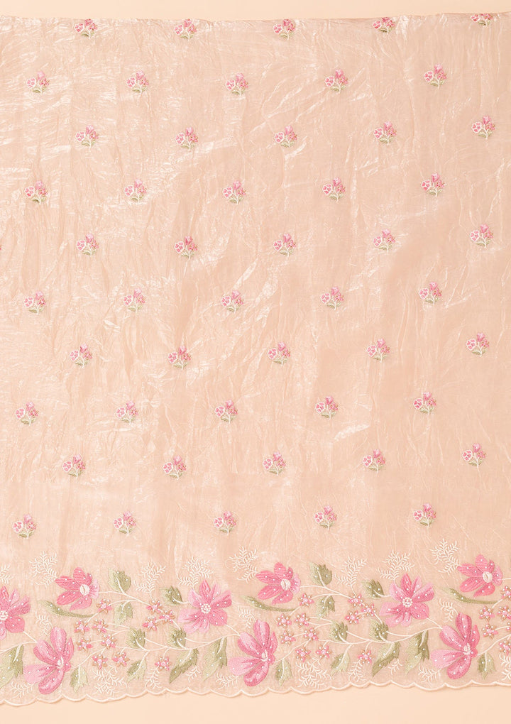 Beige Threadwork Organza Unstitched Salwar Suit-Koskii