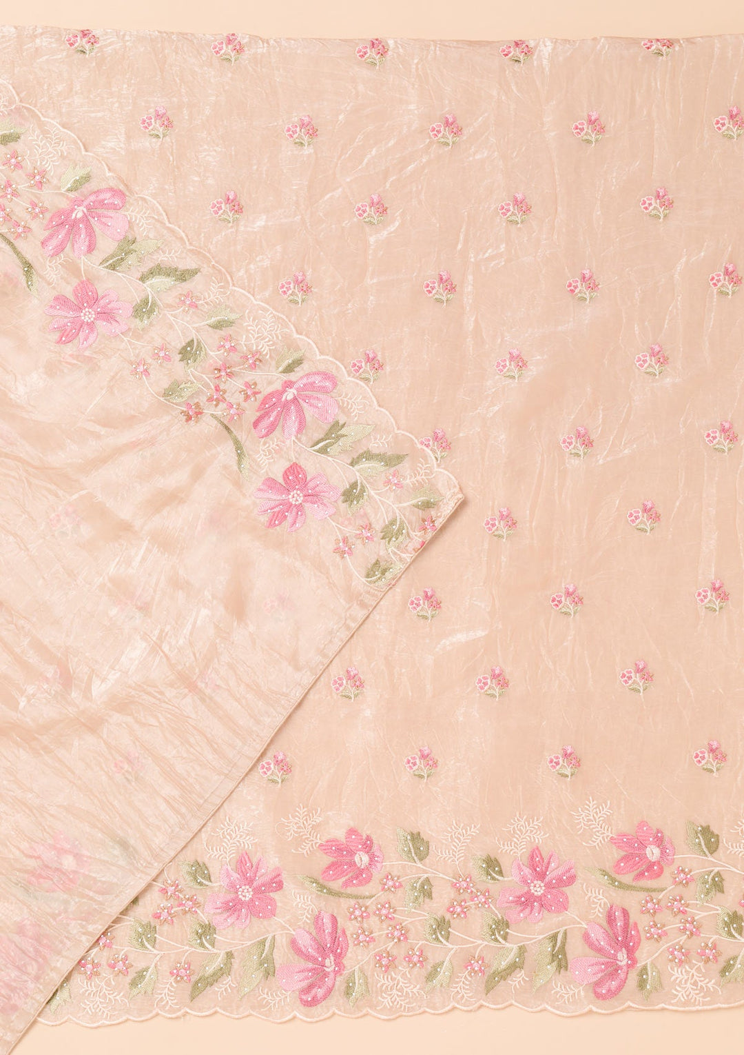 Beige Threadwork Organza Unstitched Salwar Suit-Koskii