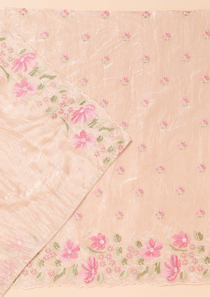 Beige Threadwork Organza Unstitched Salwar Suit-Koskii