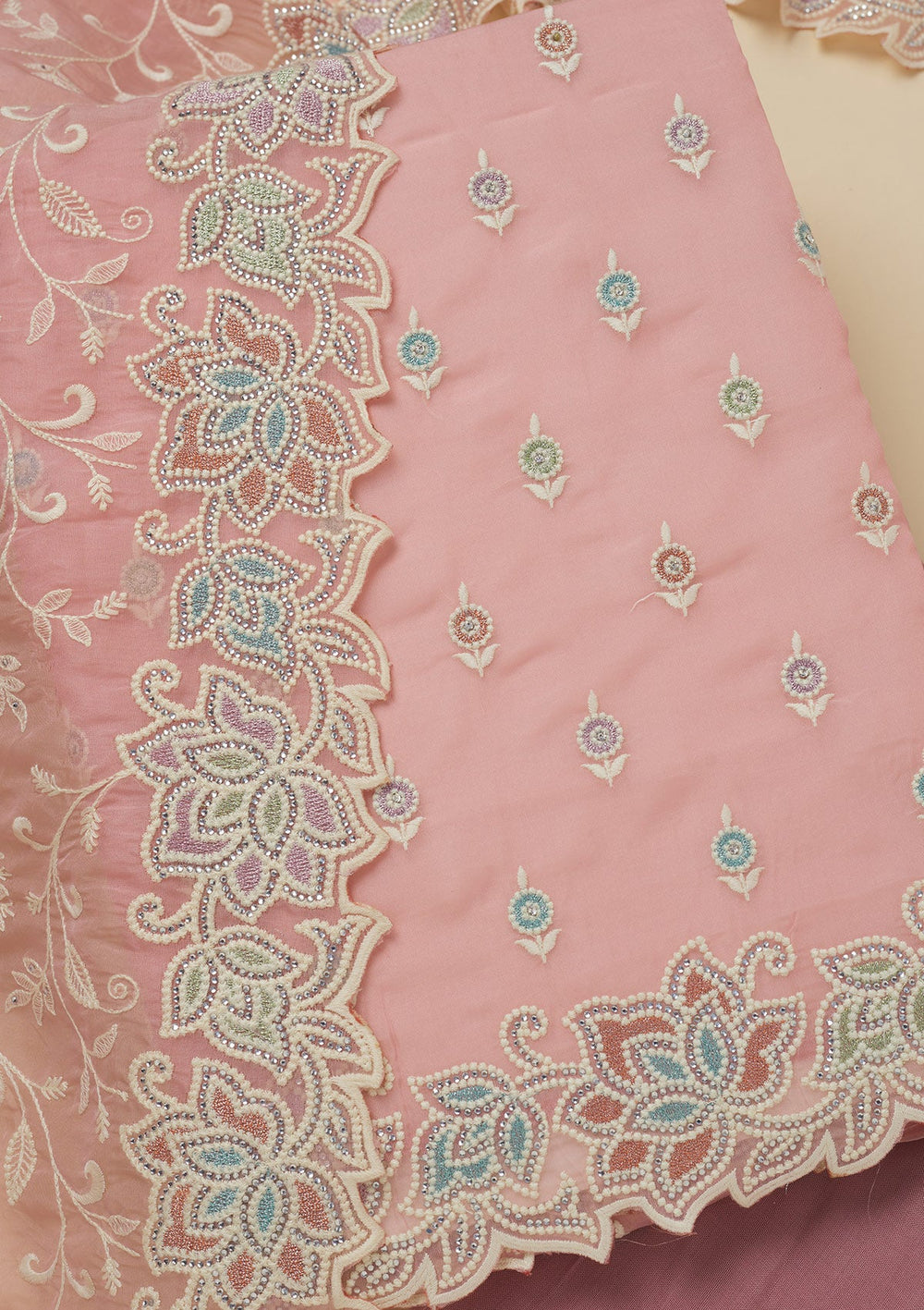 Pink Threadwork Organza Unstitched Salwar Suit-Koskii
