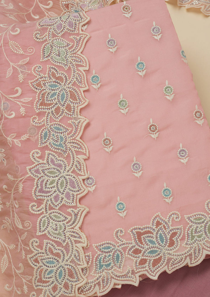 Pink Threadwork Organza Unstitched Salwar Suit-Koskii