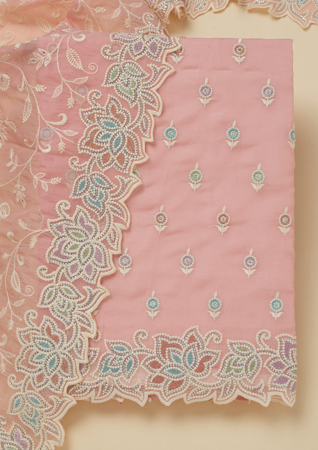 Pink Threadwork Organza Unstitched Salwar Suit-Koskii