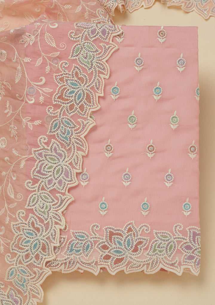 Pink Threadwork Organza Unstitched Salwar Suit-Koskii