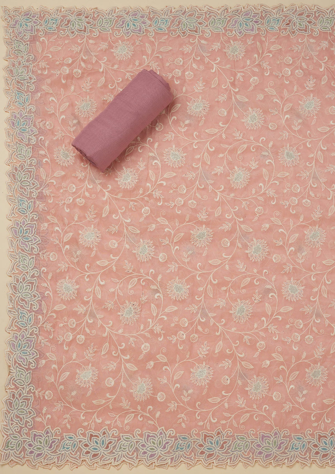 Pink Threadwork Organza Unstitched Salwar Suit-Koskii