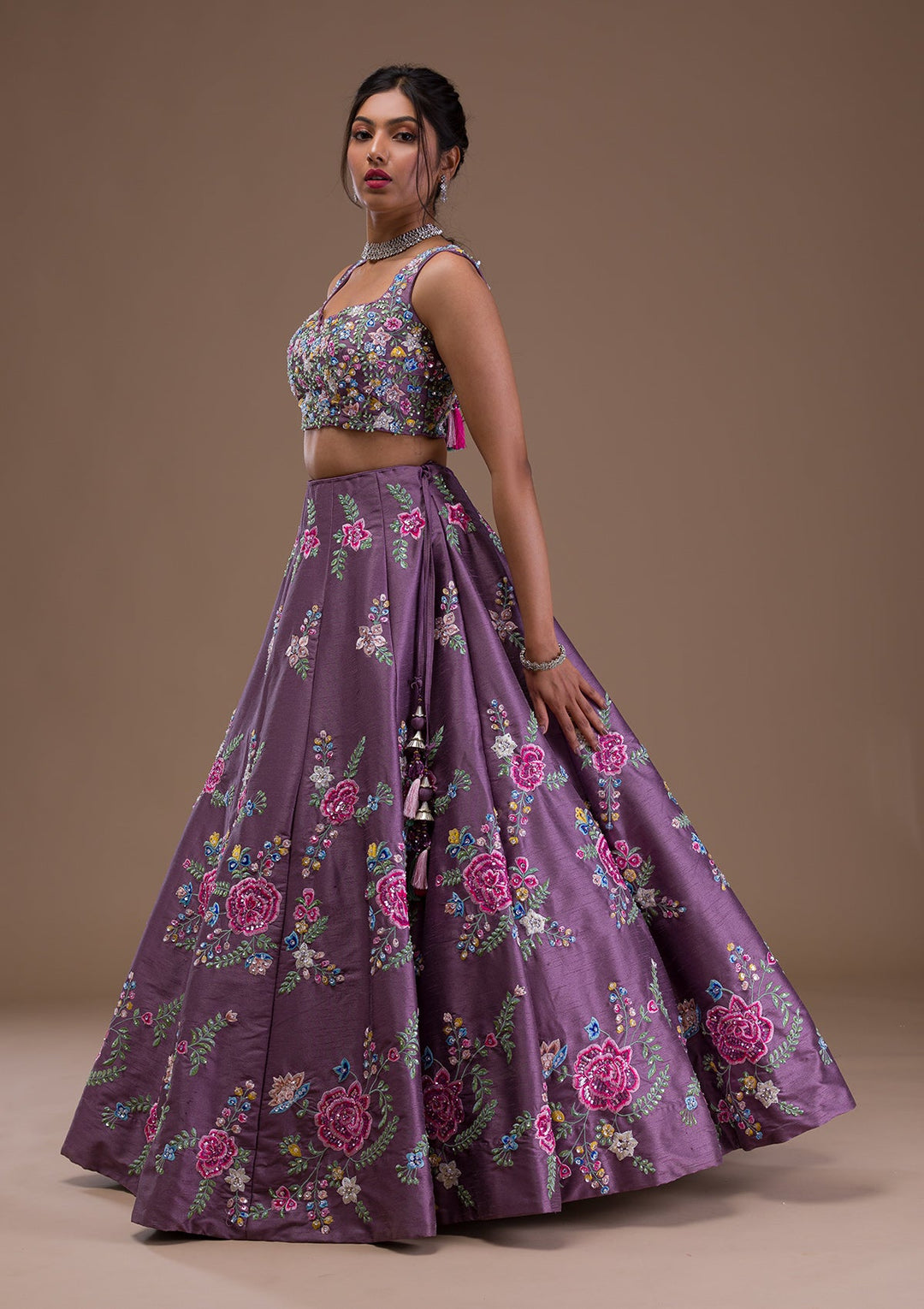 Mauve Threadwork Raw Silk Readymade Lehenga-Koskii