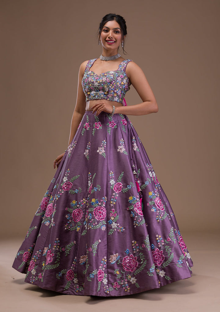 Mauve Threadwork Raw Silk Readymade Lehenga-Koskii