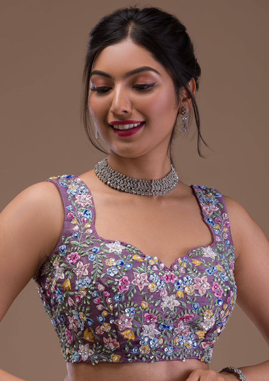 Mauve Threadwork Raw Silk Readymade Lehenga-Koskii
