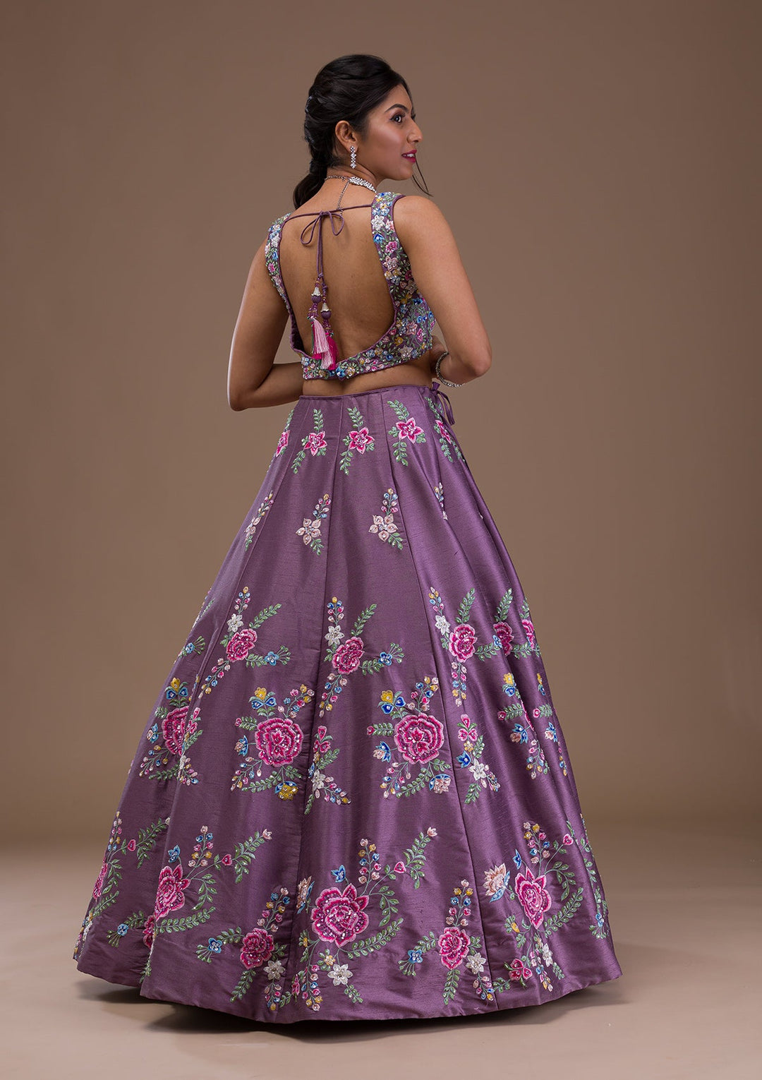 Mauve Threadwork Raw Silk Readymade Lehenga-Koskii