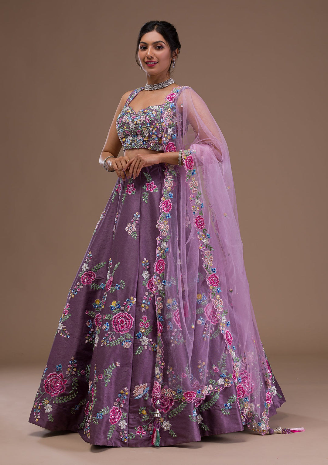 Mauve Threadwork Raw Silk Readymade Lehenga-Koskii