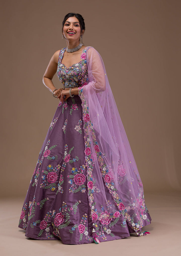 Mauve Threadwork Raw Silk Readymade Lehenga-Koskii