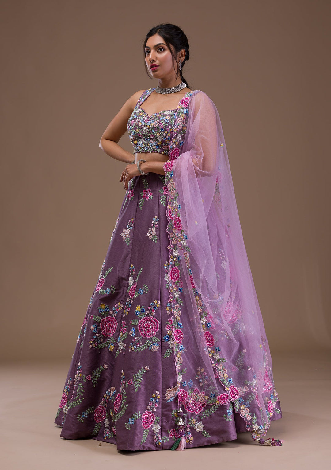Mauve Threadwork Raw Silk Readymade Lehenga-Koskii