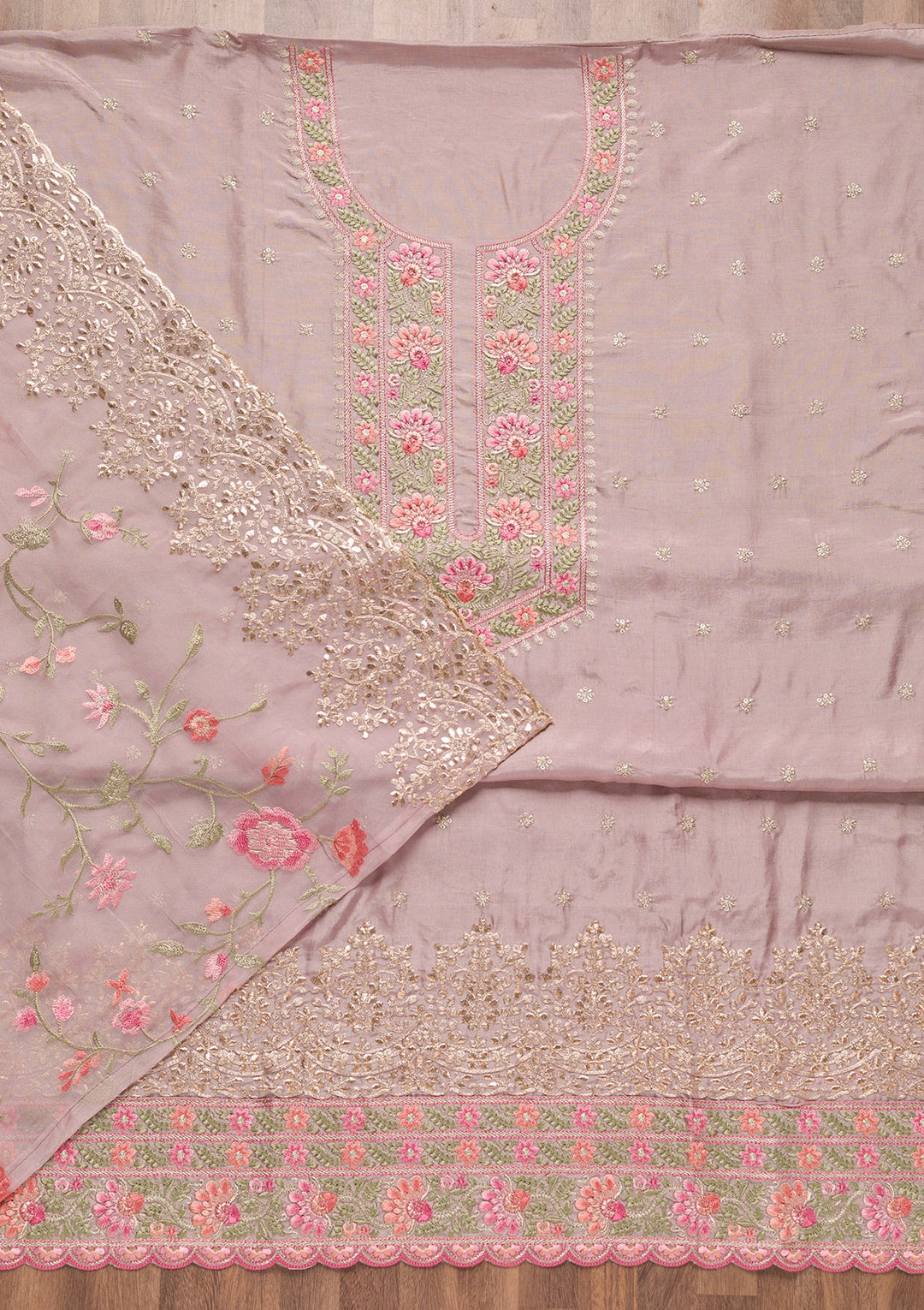 Mauve Threadwork Semi Crepe Unstitched Salwar Suit-Koskii