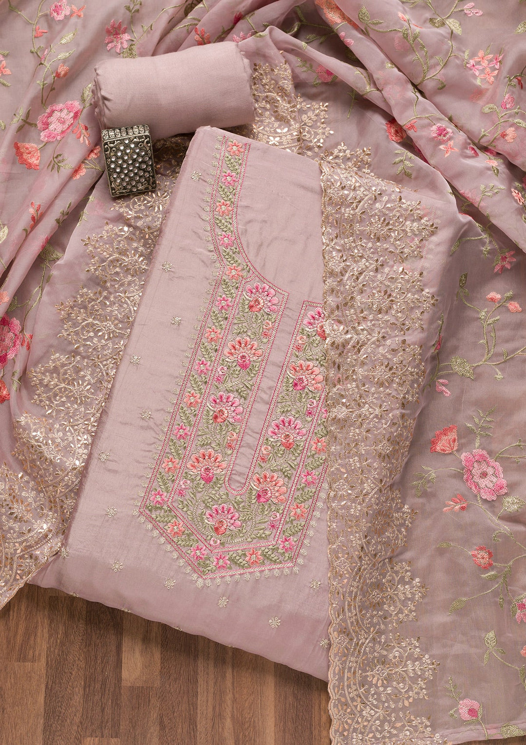 Mauve Threadwork Semi Crepe Unstitched Salwar Suit-Koskii