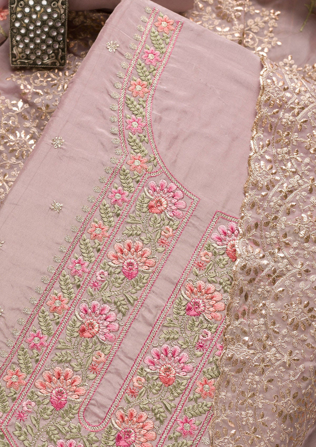 Mauve Threadwork Semi Crepe Unstitched Salwar Suit-Koskii