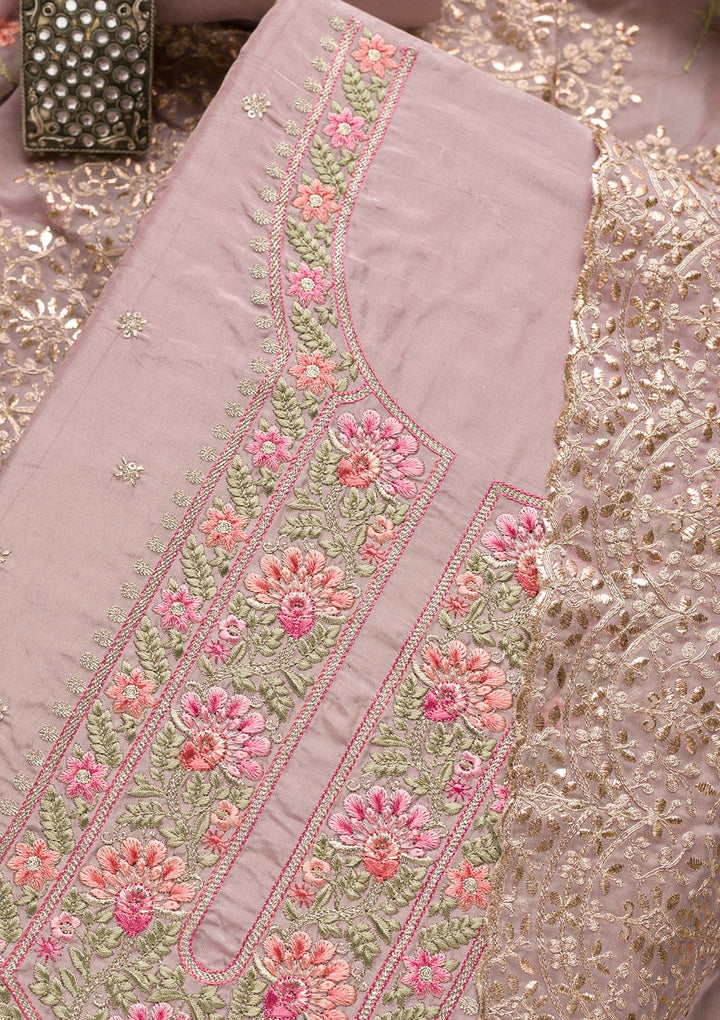 Mauve Threadwork Semi Crepe Unstitched Salwar Suit-Koskii