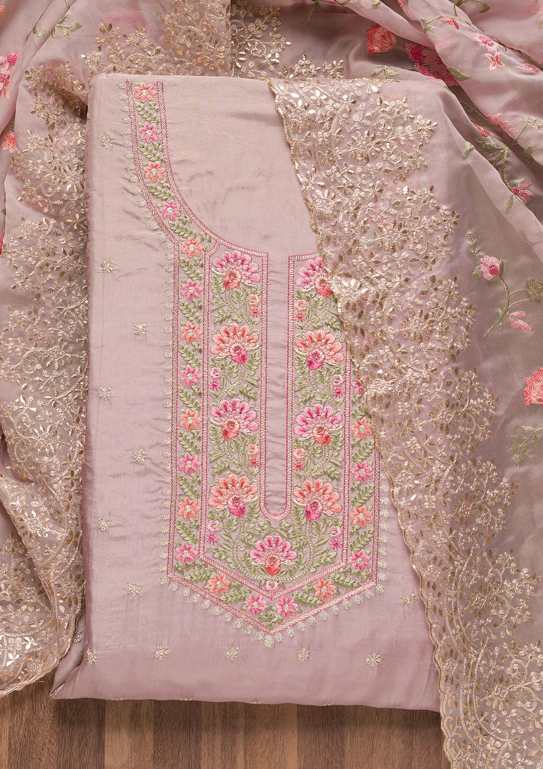 Mauve Threadwork Semi Crepe Unstitched Salwar Suit-Koskii
