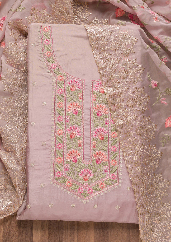 Mauve Threadwork Semi Crepe Unstitched Salwar Suit-Koskii