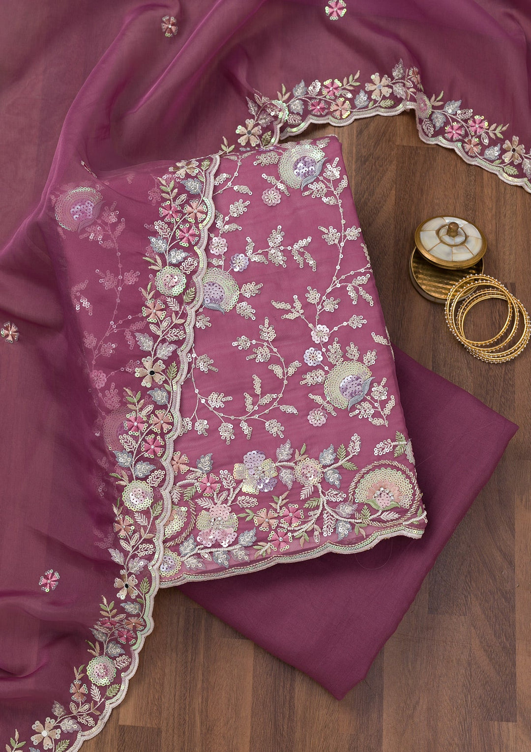 Mauve Threadwork Tissue Unstitched Salwar Suit-Koskii