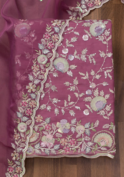 Mauve Threadwork Tissue Unstitched Salwar Suit-Koskii