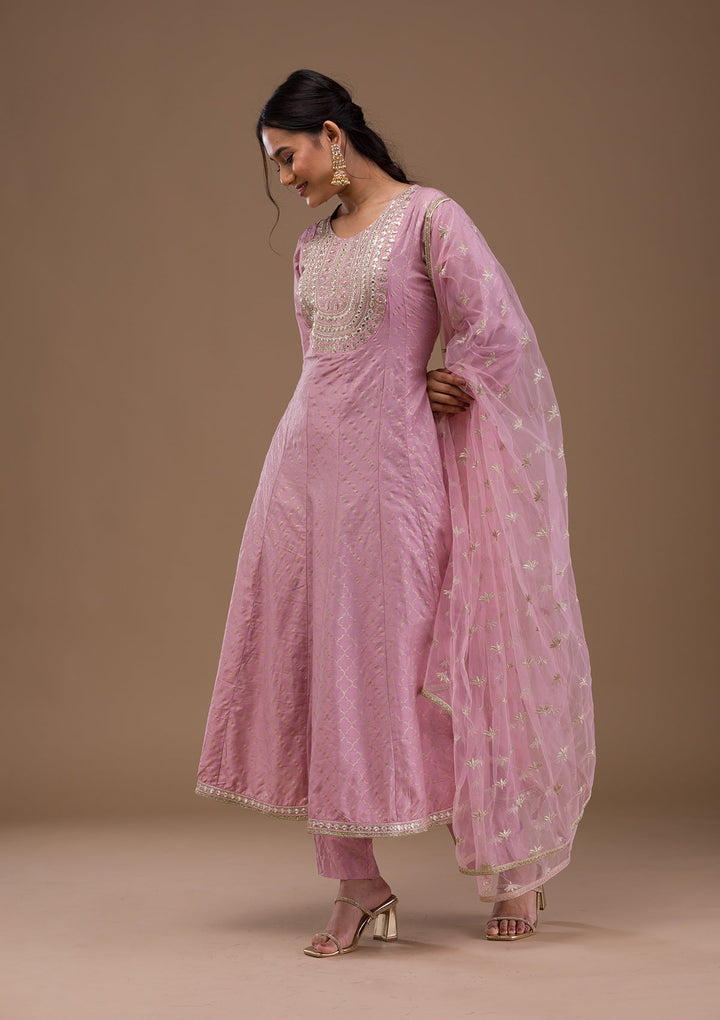 Mauve Zariwork Cotton Blend Readymade Salwar Suit-Koskii