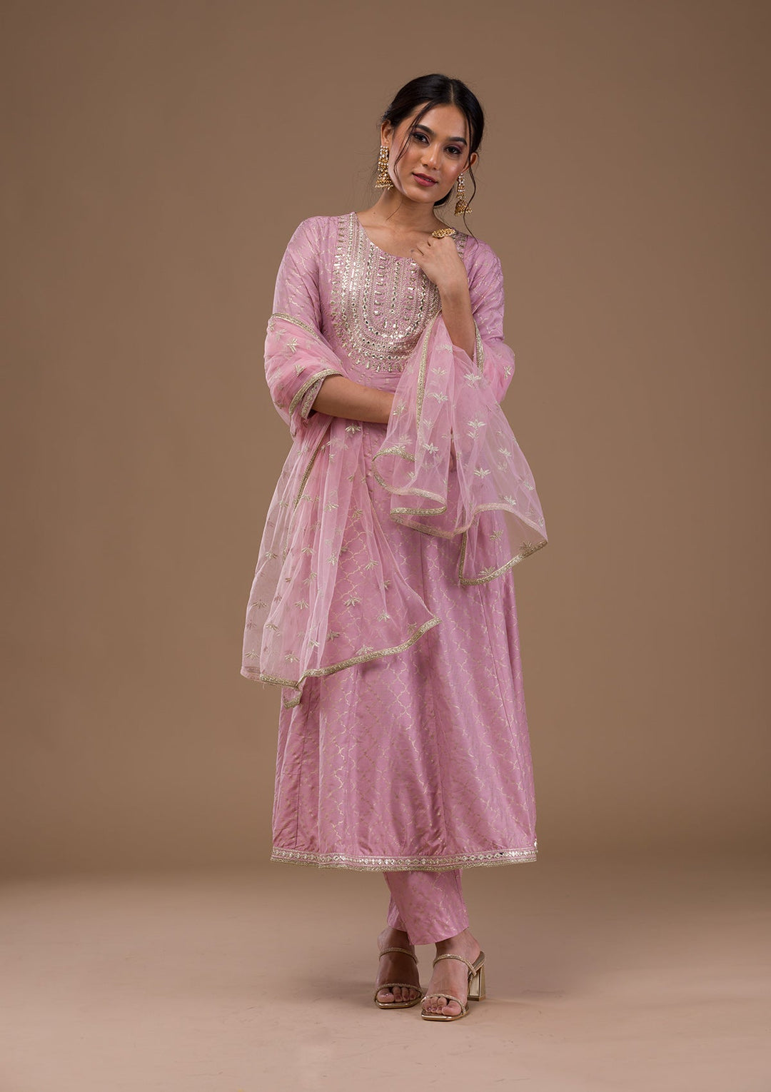 Mauve Zariwork Cotton Blend Readymade Salwar Suit-Koskii