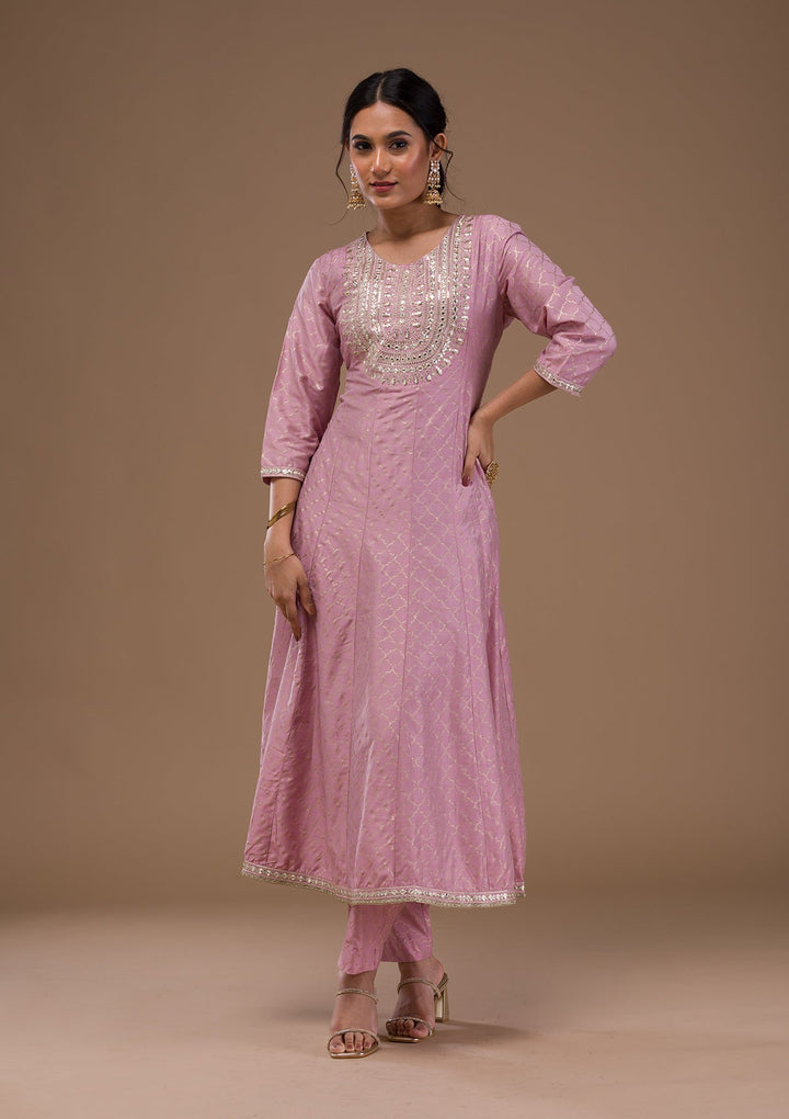 Mauve Zariwork Cotton Blend Readymade Salwar Suit-Koskii