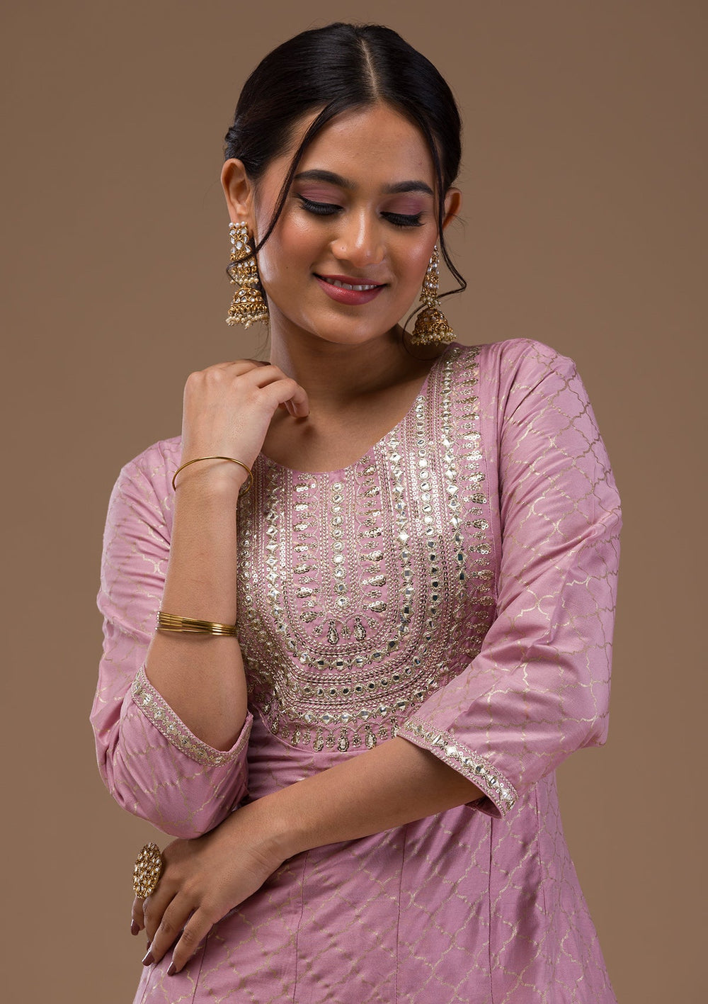 Mauve Zariwork Cotton Blend Readymade Salwar Suit-Koskii