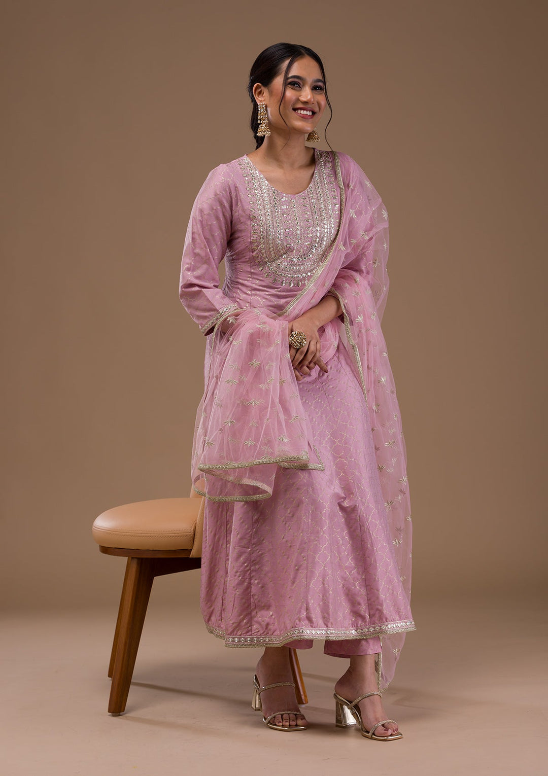 Mauve Zariwork Cotton Blend Readymade Salwar Suit-Koskii