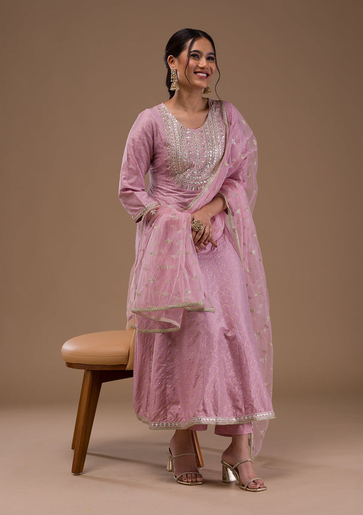 Mauve Zariwork Cotton Blend Readymade Salwar Suit-Koskii