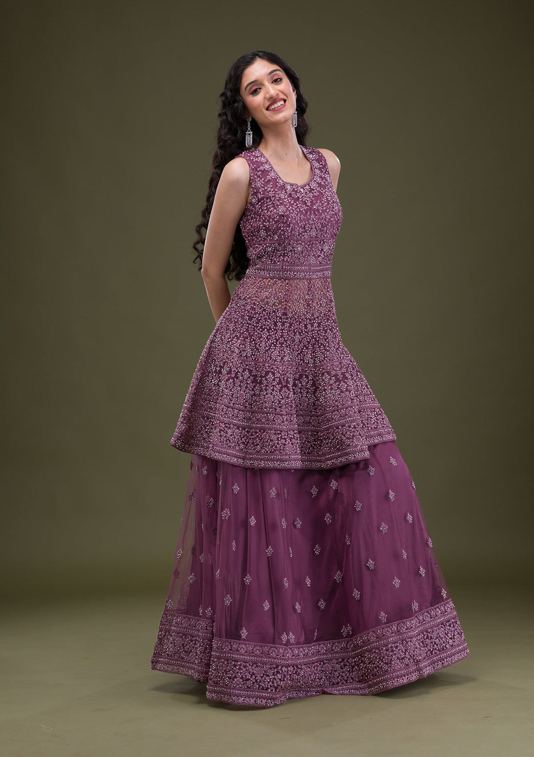 Mauve Zariwork Net Readymade Salwar Suit-Koskii