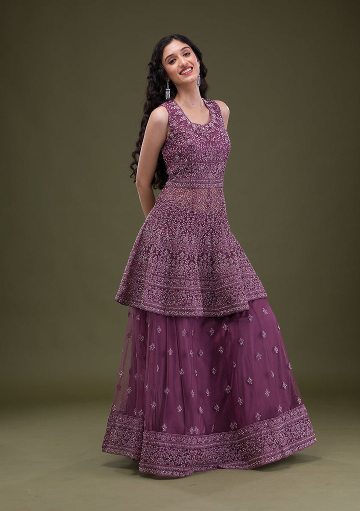 Mauve Zariwork Net Readymade Salwar Suit-Koskii