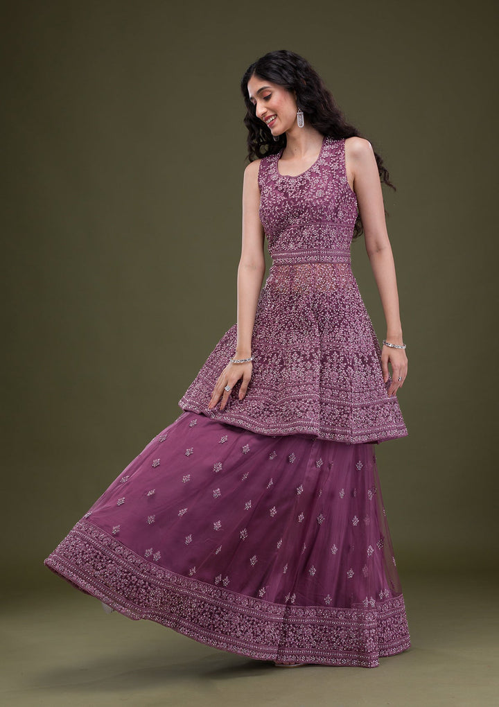 Mauve Zariwork Net Readymade Salwar Suit-Koskii