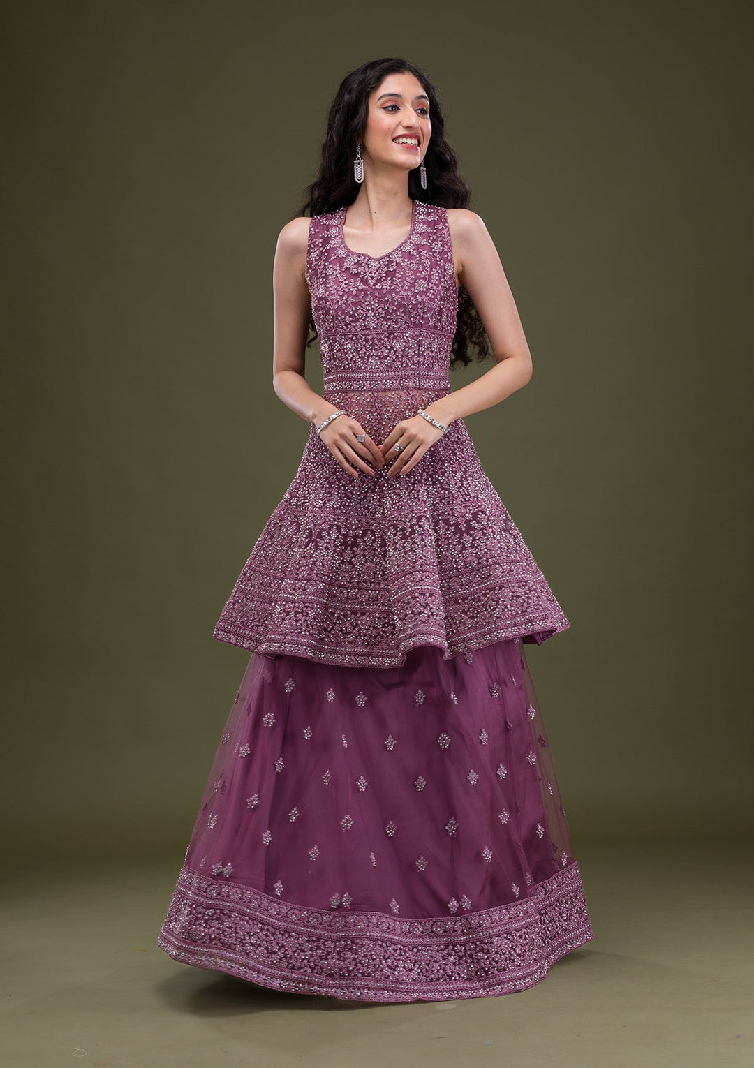 Mauve Zariwork Net Readymade Salwar Suit-Koskii