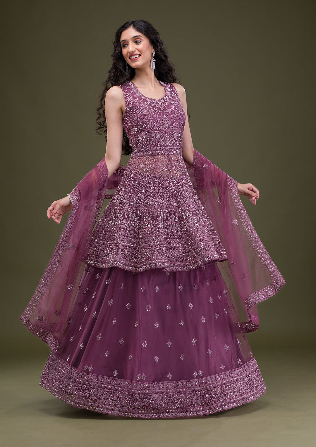 Mauve Zariwork Net Readymade Salwar Suit-Koskii