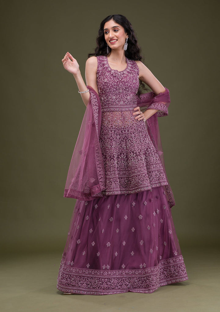 Mauve Zariwork Net Readymade Salwar Suit-Koskii