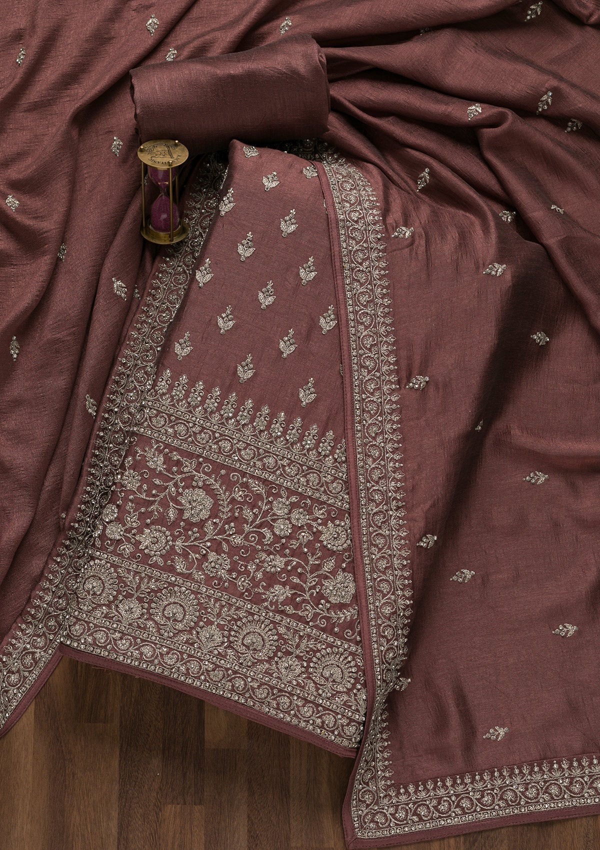 Mauve Zariwork Raw Silk Unstitched Salwar Suit-Koskii