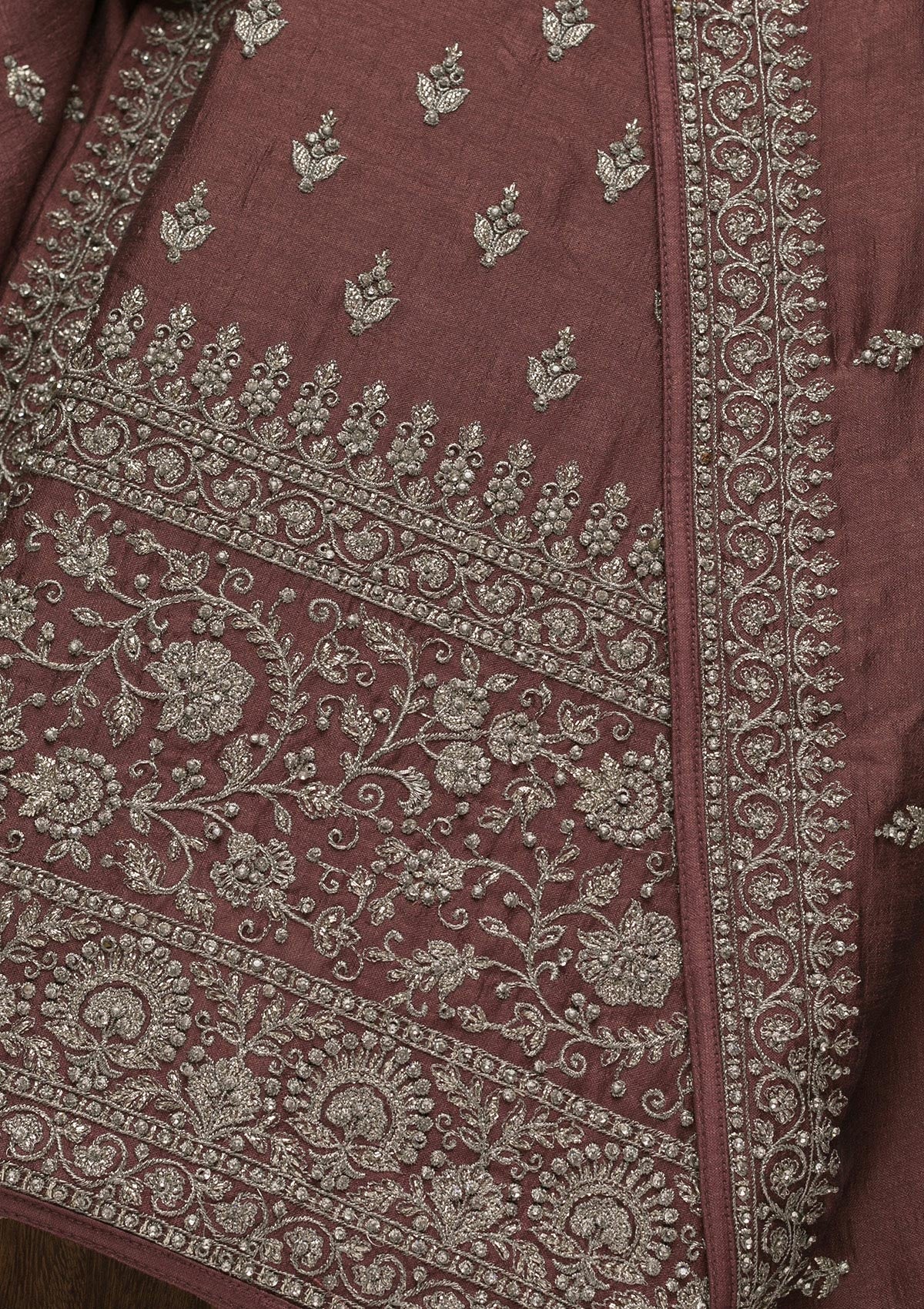 Mauve Zariwork Raw Silk Unstitched Salwar Suit-Koskii