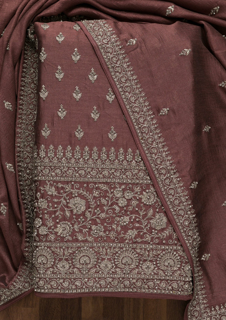 Mauve Zariwork Raw Silk Unstitched Salwar Suit-Koskii