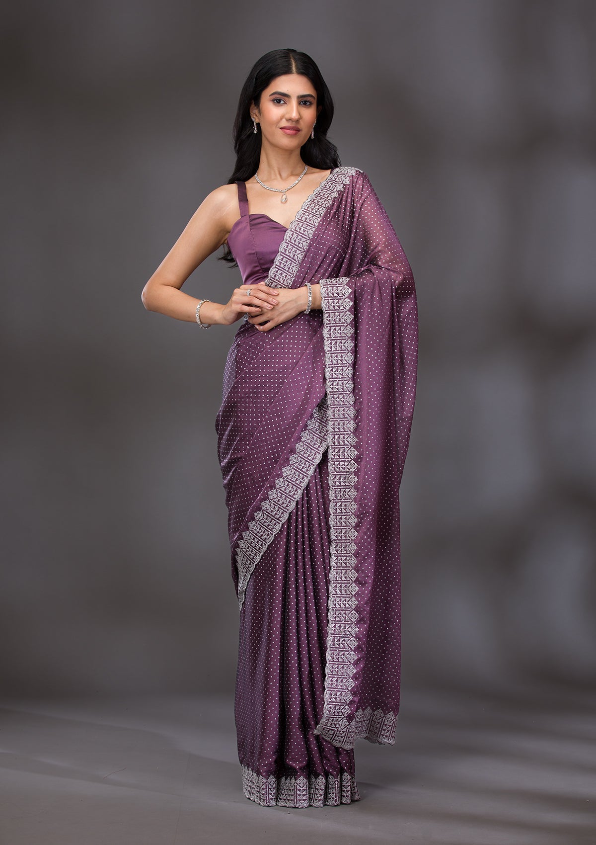 Mauve Zariwork Satin Saree-Koskii