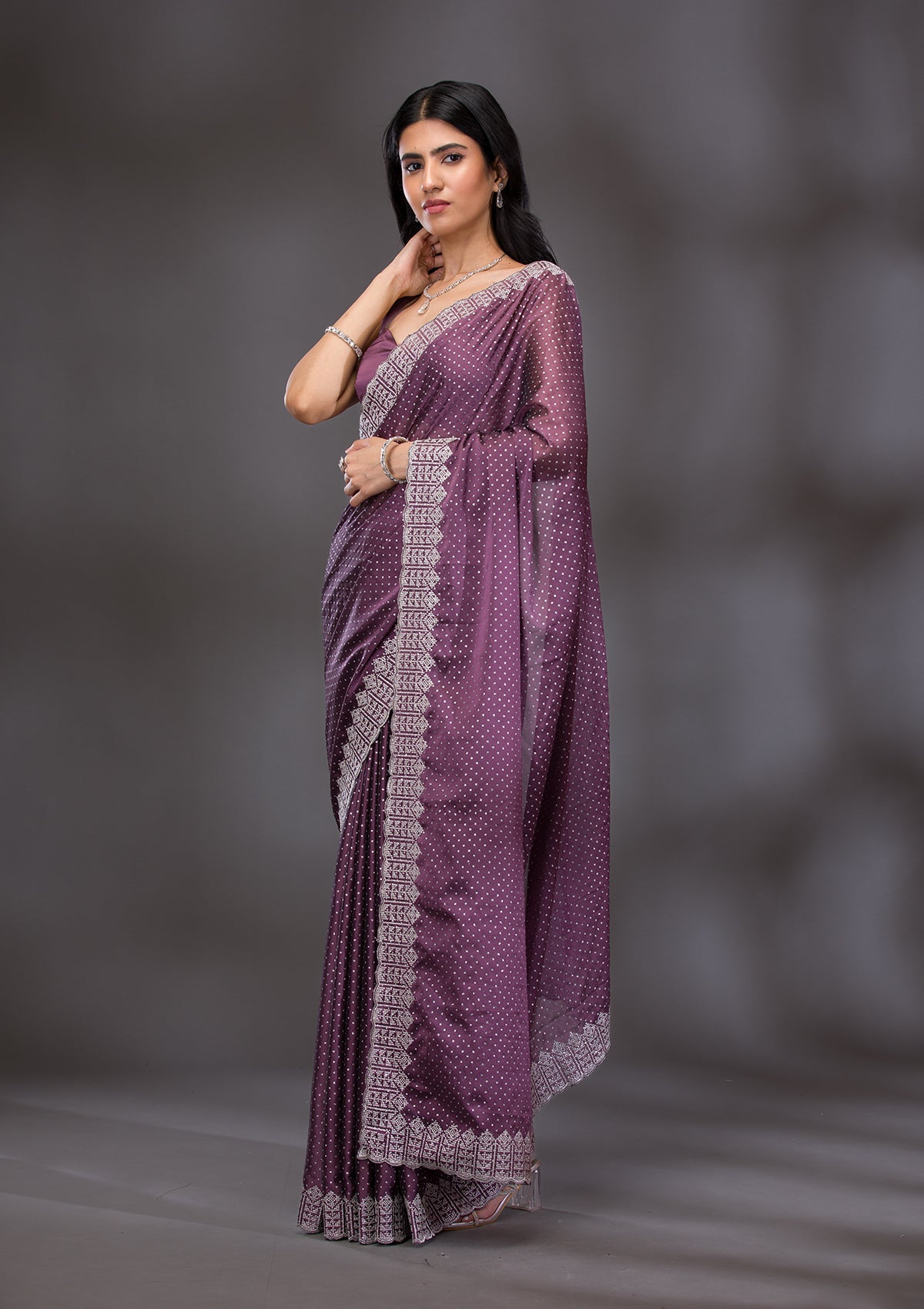 Mauve Zariwork Satin Saree-Koskii