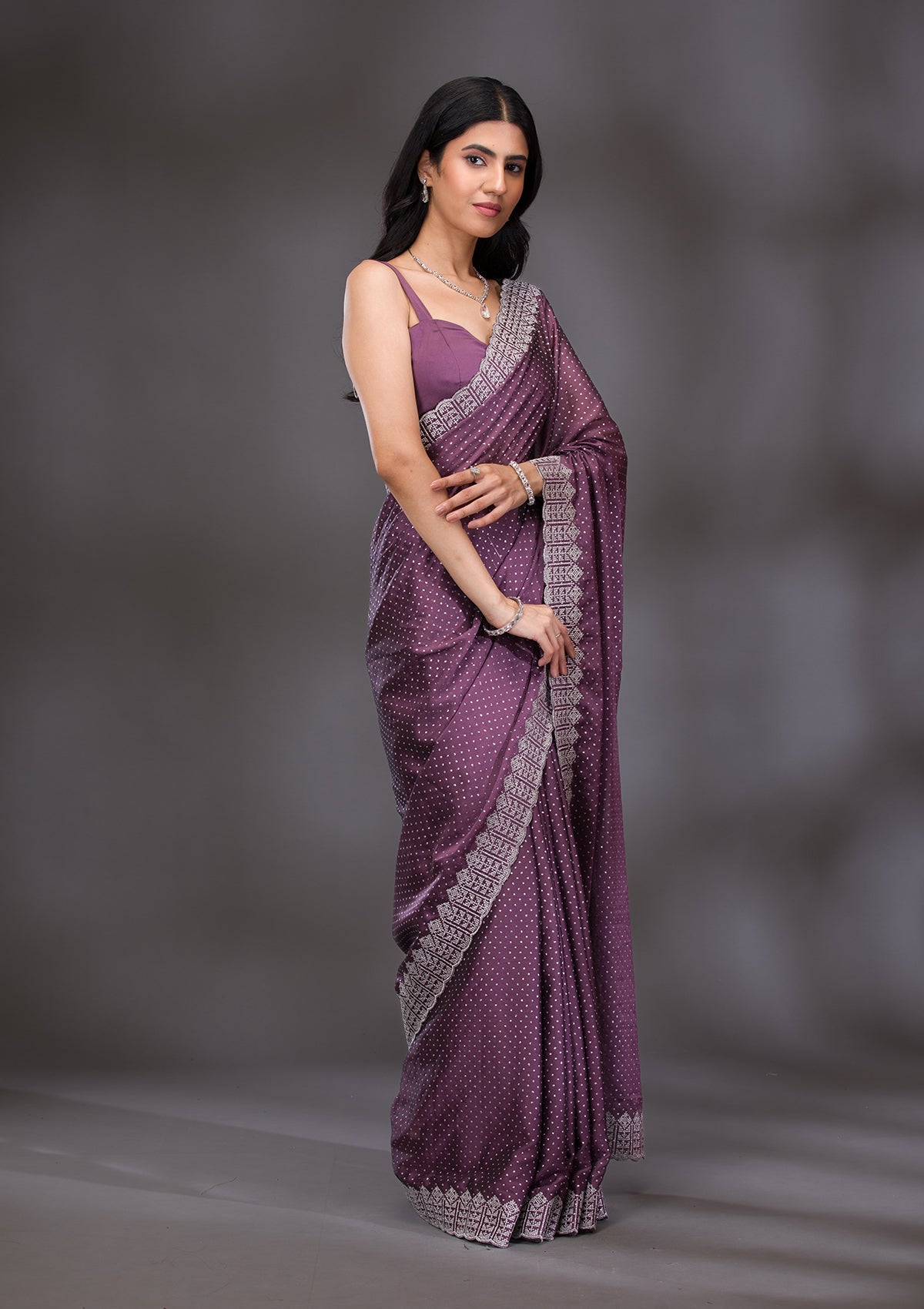 Mauve Zariwork Satin Saree-Koskii