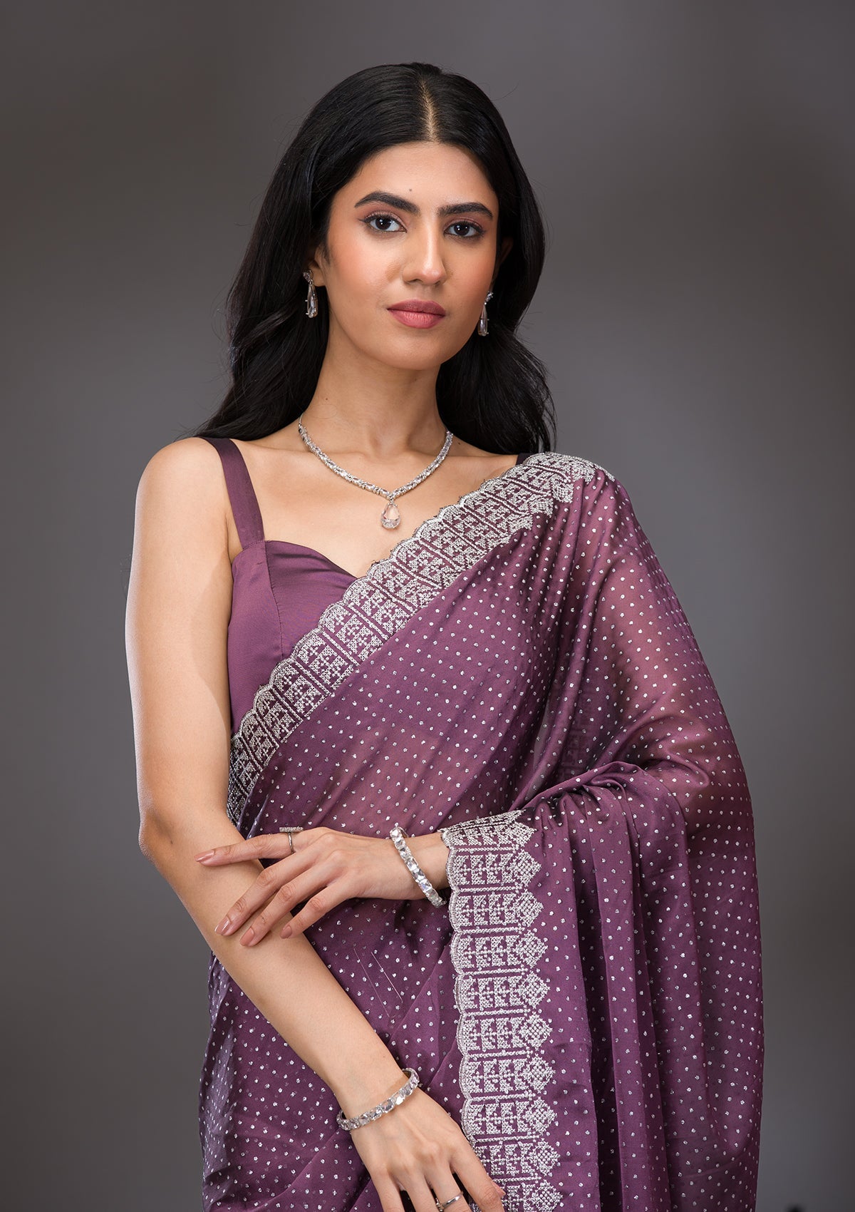 Mauve Zariwork Satin Saree-Koskii