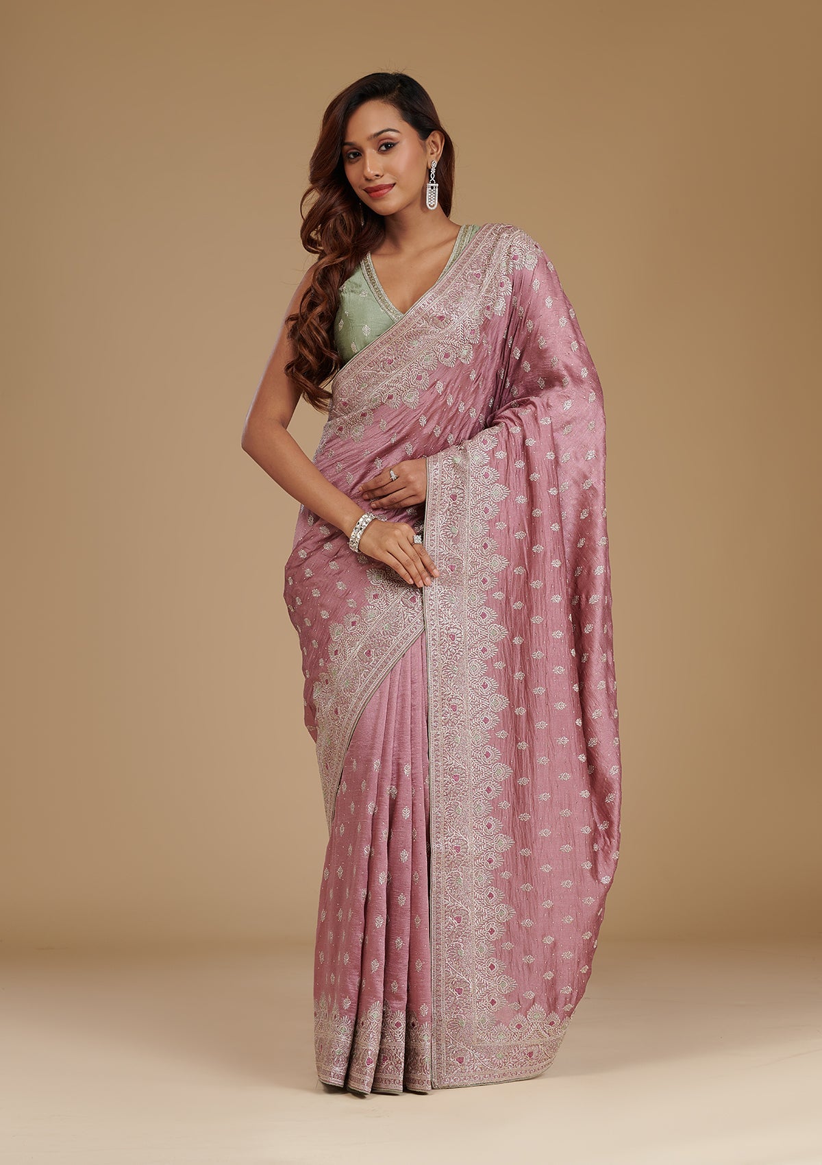 Mauve Zariwork Soft Silk Saree-Koskii