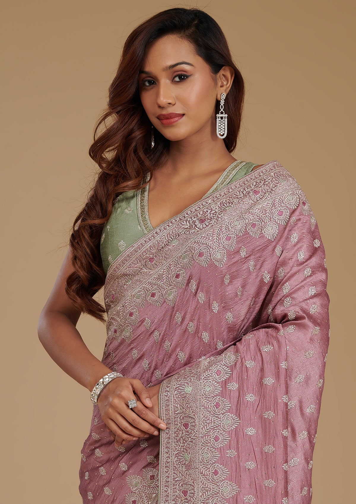 Mauve Zariwork Soft Silk Saree-Koskii