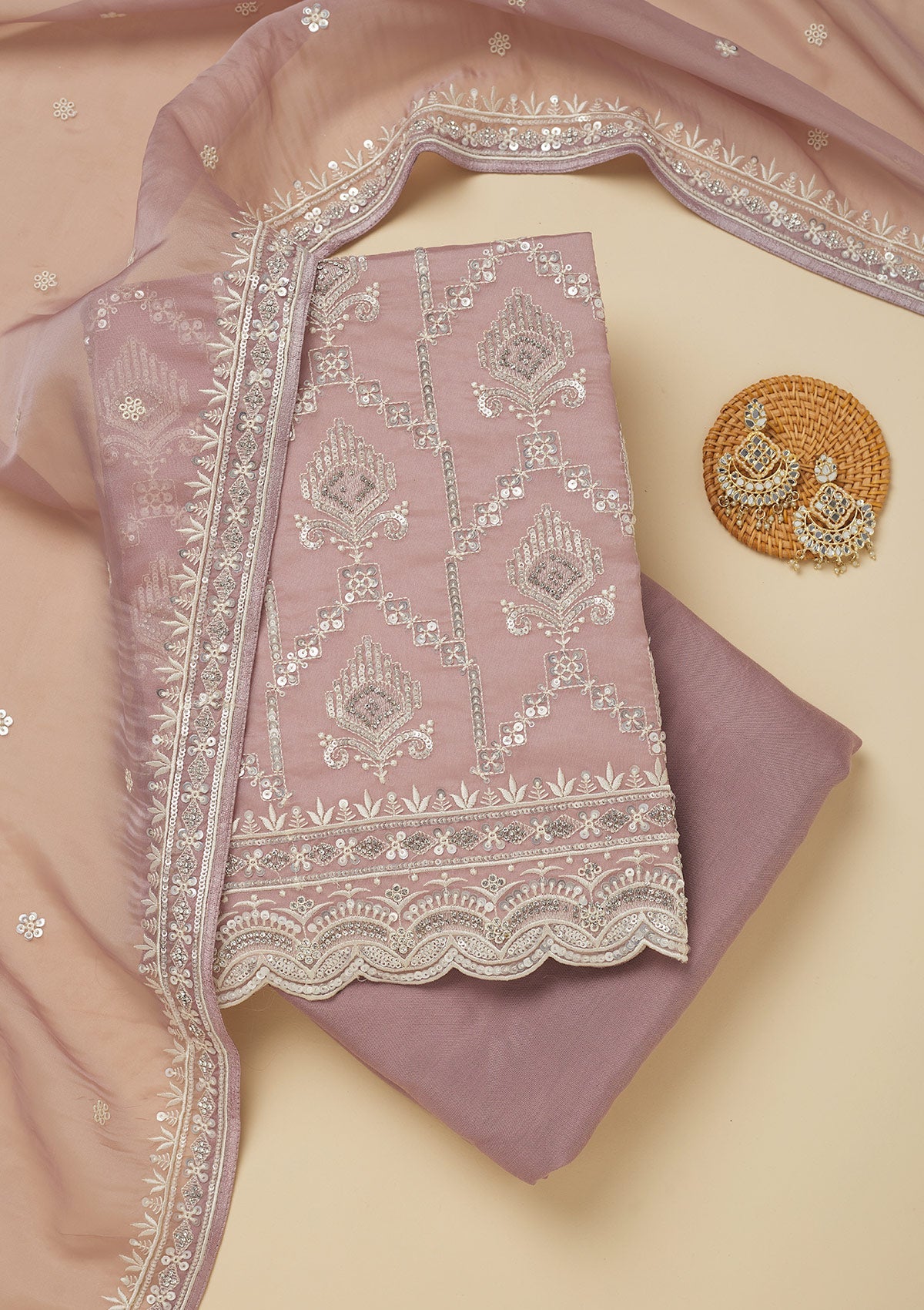 Mauve Zariwork Tissue Unstitched Salwar Suit-Koskii